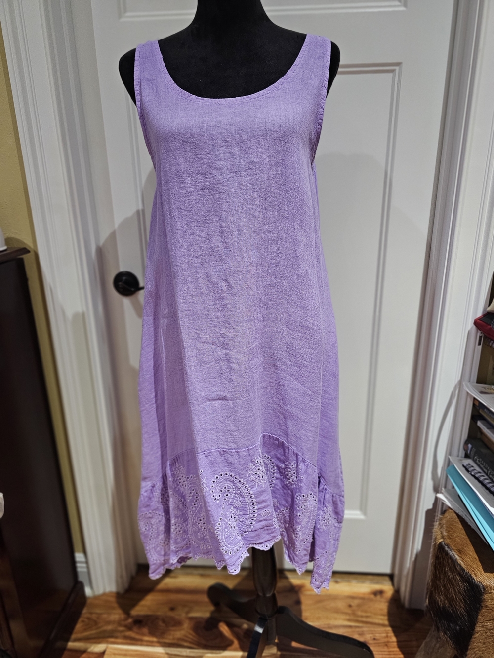 Linen Sleeveless Lavender High-Low Eyelet Hem Dress